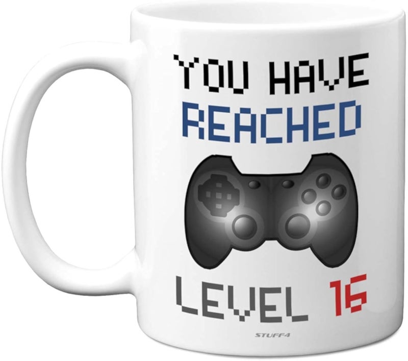 هدية عيد ميلاد مميزة من Stuff4 لمحبي الألعاب - كوب Level 16 Gamer، هدايا عيد ميلاد، أكواب قهوة آمنة للغسل في غسالة الصحون، هدايا عيد ميلاد للأولاد أو البنات، لعبة فيديو كلاسيكية، كوب مميز، هدايا ألعاب له أو لها